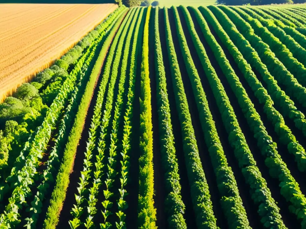 Imagen de un campo exuberante y sereno con cultivos saludables en filas organizadas, iluminado por el sol