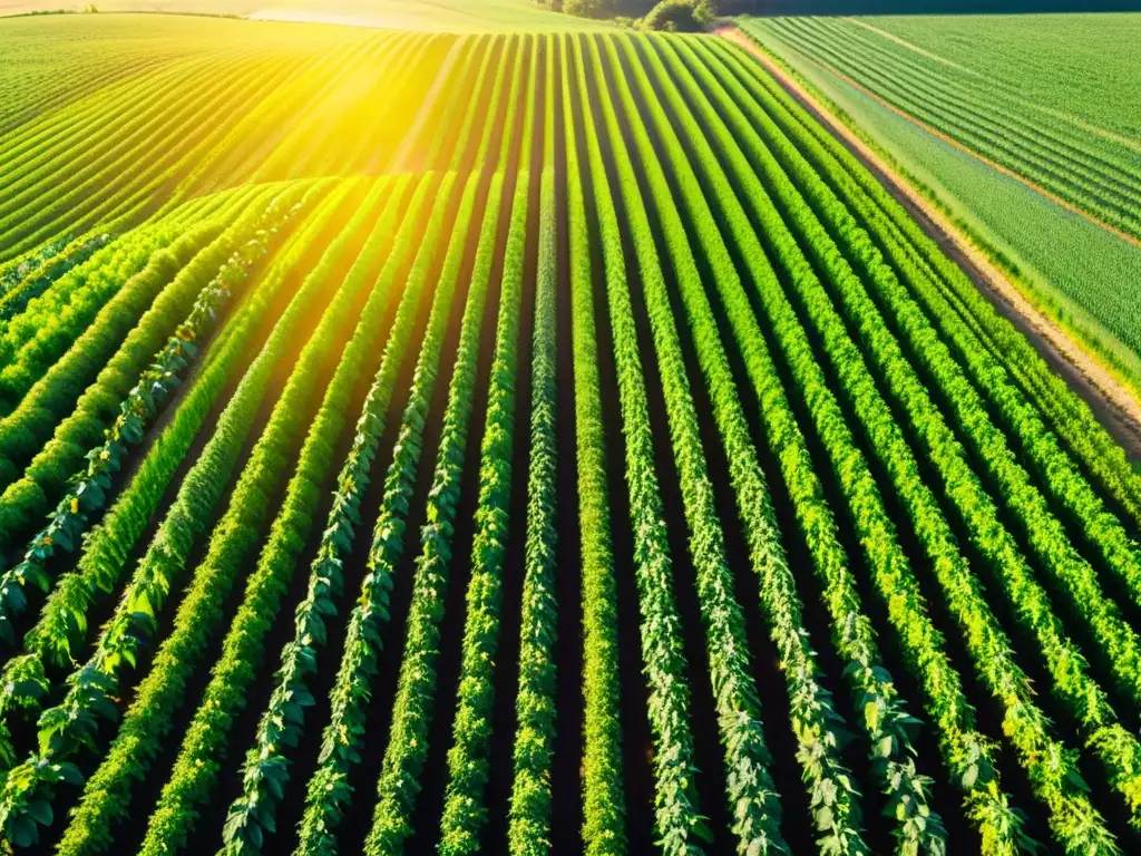 Imagen de campo orgánico con cultivos verdes y métodos naturales control de malezas, reflejando armonía sostenible