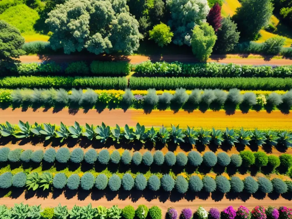 En la imagen se aprecia un campo orgánico diverso y vibrante, con cultivos coloridos, flores silvestres y biodiversidad