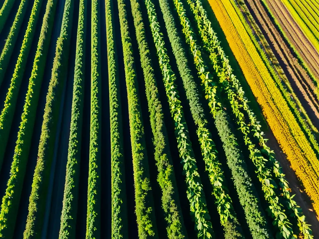 Imagen de un campo orgánico iluminado por el sol con hileras de verduras y vegetales coloridos