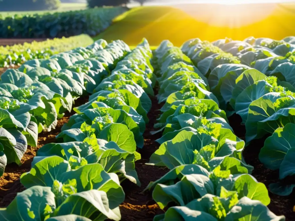 En la imagen se muestra un campo orgánico sereno y soleado con hileras de lechugas vibrantes