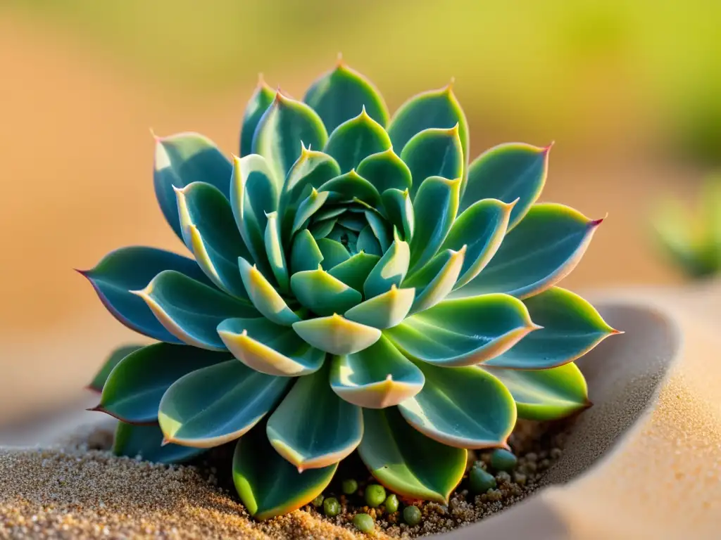 Imagen de un cultivo orgánico en suelos salinos: una suculenta verde vibrante crece en un entorno costero, con gotas de agua sobre sus hojas