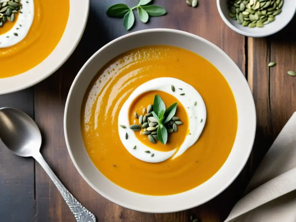 Una imagen de una deliciosa sopa orgánica de calabaza con sabores auténticos y nutritivos, servida en un tazón sobre una mesa de madera rústica