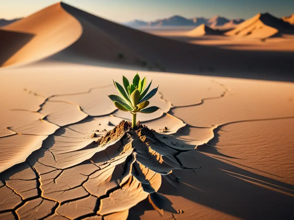 Imagen desértica con planta verde resurgiendo, simbolizando estrategias orgánicas para la conservación del agua en tiempos de escasez