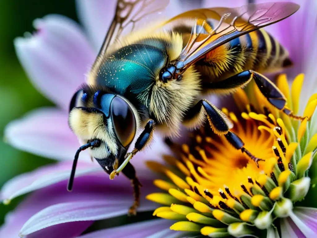 Una imagen detallada de una abeja cubierta de polen en una flor vibrante, ilustrando la importancia de polinizadores en alimentos orgánicos