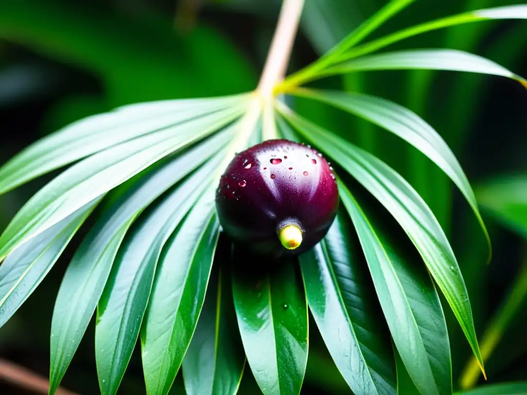 Una imagen detallada de un açaí maduro entre hojas verdes en la selva amazónica