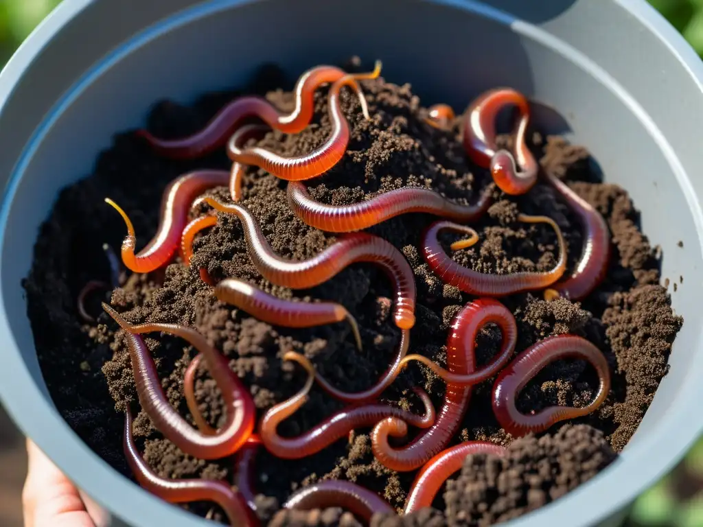 Verme compostador vibrante: lombricultura en acción Una imagen detallada y cautivadora de un contenedor de lombrices próspero, con tierra oscura y abundante vida de lombrices rojas