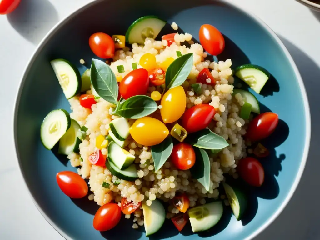 Una imagen detallada de una colorida ensalada de quinua orgánica, resaltando los beneficios superfoods orgánicos en un plato minimalista