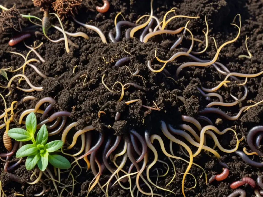 Imagen detallada de compost oscuro repleto de lombrices y microorganismos beneficiosos, entrelazado con raíces de plantas vibrantes