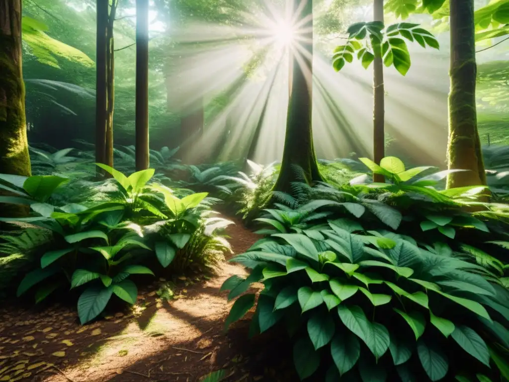 Imagen 8K detallada de un exuberante bosque verde con luz solar filtrándose entre el dosel, creando sombras moteadas en el frondoso sotobosque