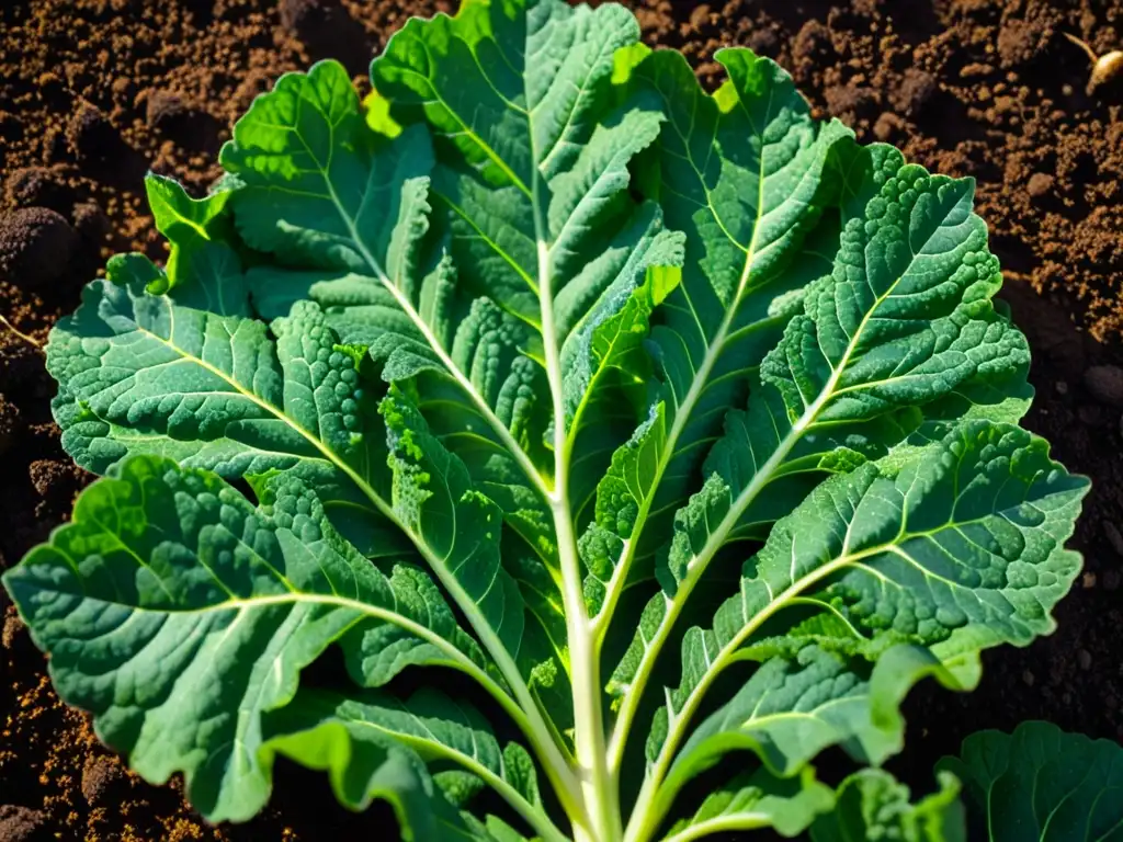 Imagen detallada de una exuberante planta de kale en tierra oscura