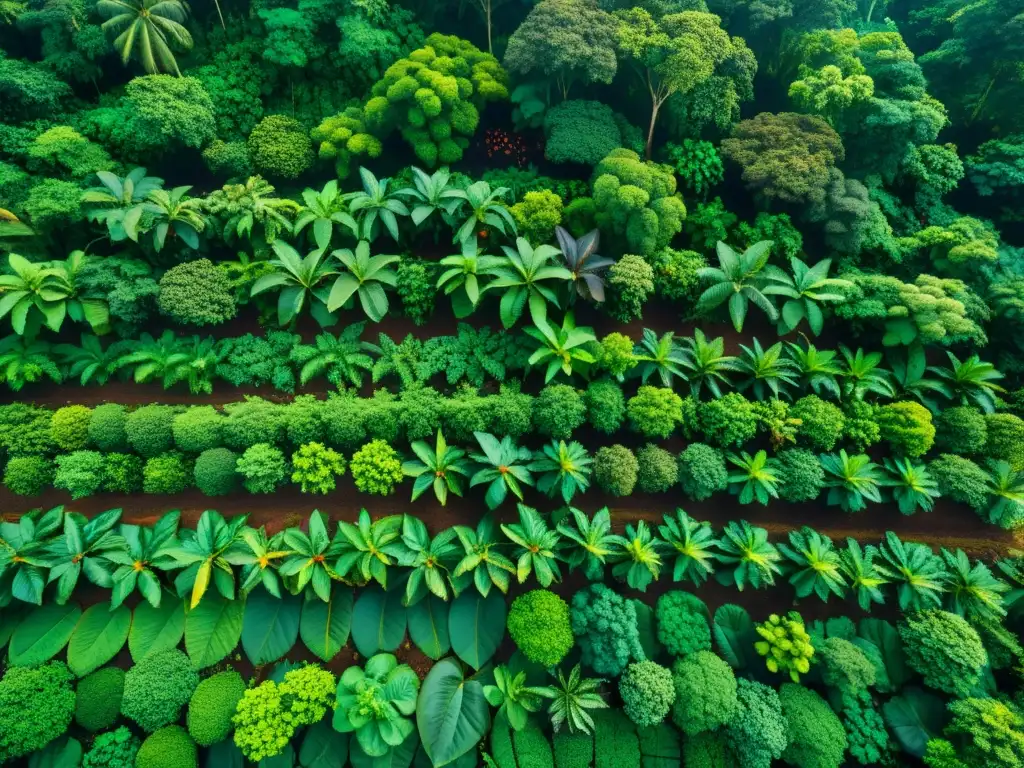 Imagen detallada en 8k de un exuberante sistema agroforestal, destacando la armoniosa relación entre café, cacao y árboles altos