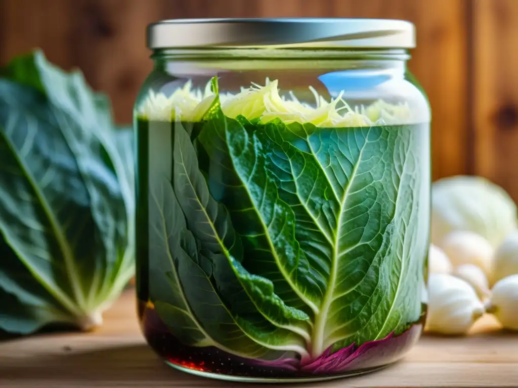 Una imagen detallada de un frasco burbujeante de chucrut orgánico casero, resaltando los beneficios de la fermentación de alimentos orgánicos con sus colores vibrantes y texturas intrincadas