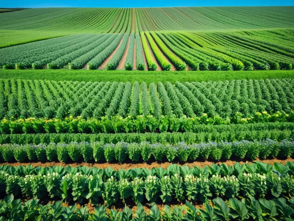 Imagen detallada de una granja orgánica, con cultivos verdes bajo cielo azul