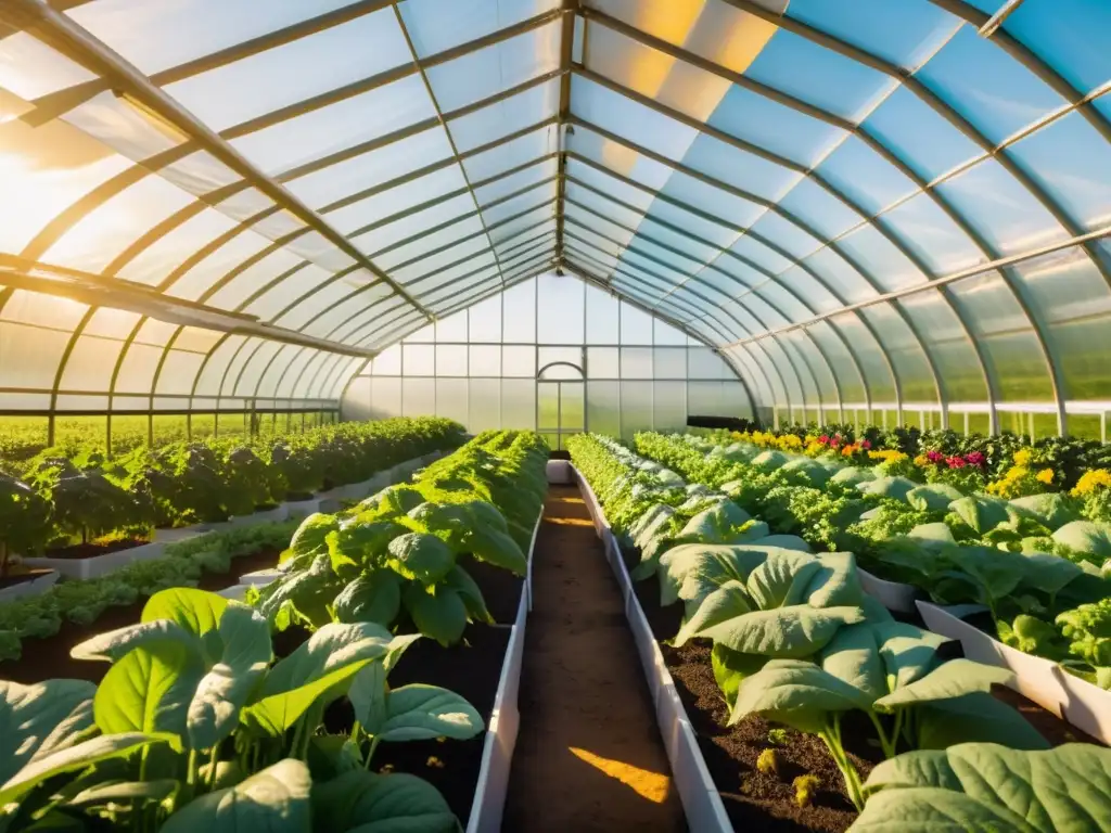 Una imagen 8k detallada de un invernadero orgánico próspero y exuberante, que muestra la abundante cosecha de frutas y verduras