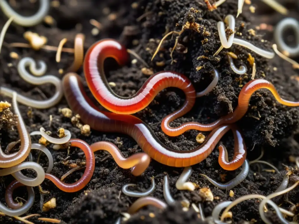 Vermicompostaje: Vermis en acción en compostaje dinámico Imagen detallada de lombrices rojas saludables en compostaje, criando lombrices para compostaje eficaz