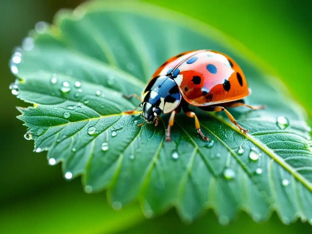 Imagen detallada de una mariquita sobre una hoja verde brillante con gotas de rocío