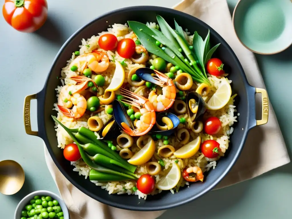 Imagen detallada de una paellera con ingredientes orgánicos vibrantes y mariscos frescos