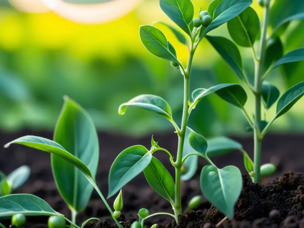 Imagen detallada de una planta de guisantes saludable en un cultivo orgánico diverso, resaltando los beneficios de leguminosas en cultivos orgánicos