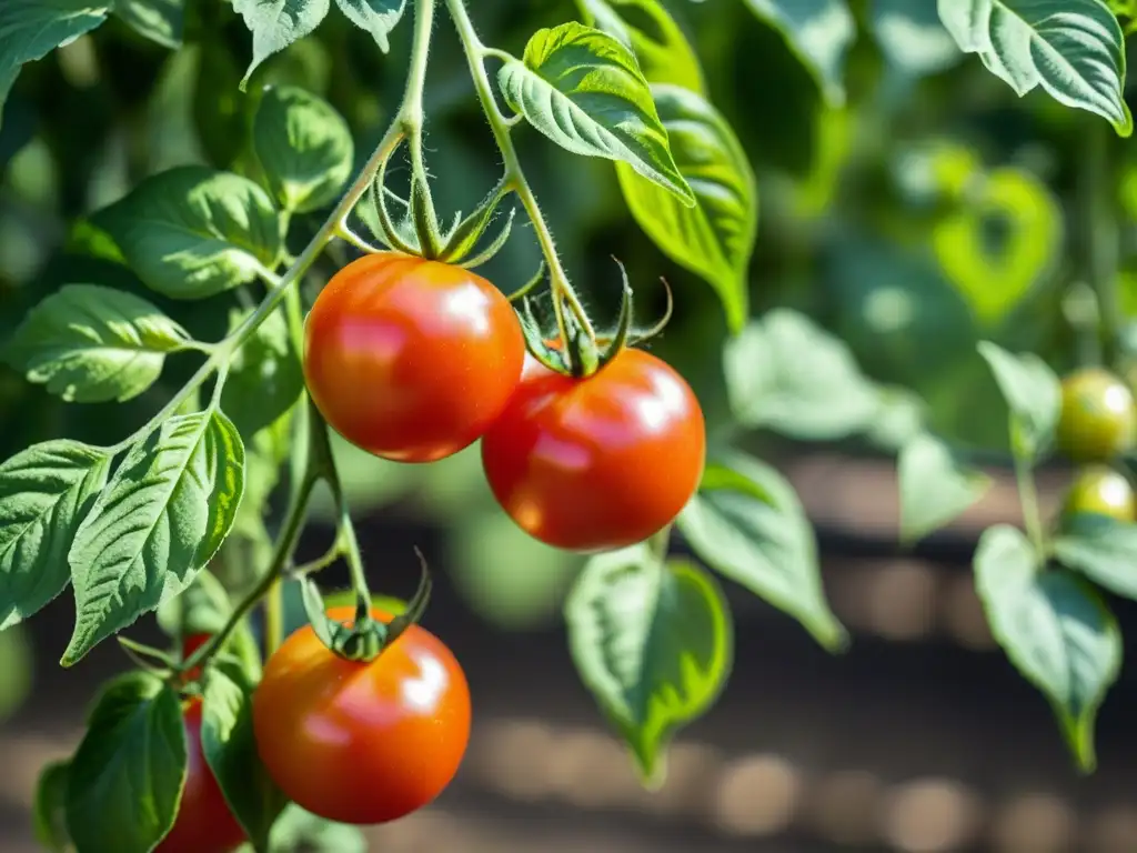 Imagen detallada de planta de tomate orgánica saludable y vibrante, resaltando su vitalidad y belleza natural