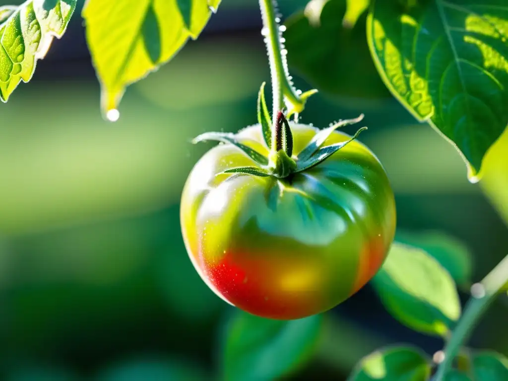 Imagen detallada de una planta de tomate saludable en un jardín orgánico bañado por el sol, con una mariquita en el tallo