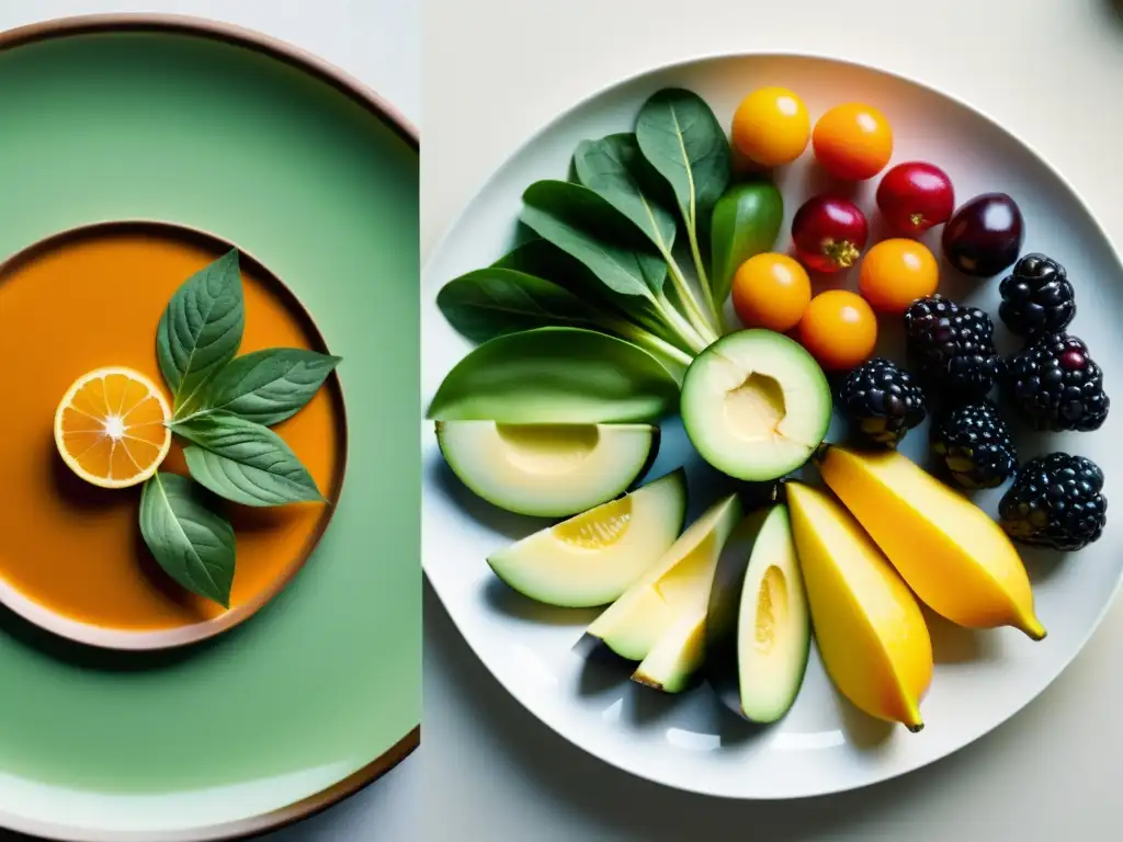 Una imagen detallada de dos platos de comida: uno con alimentos orgánicos vibrantes y el otro con productos convencionales menos atractivos