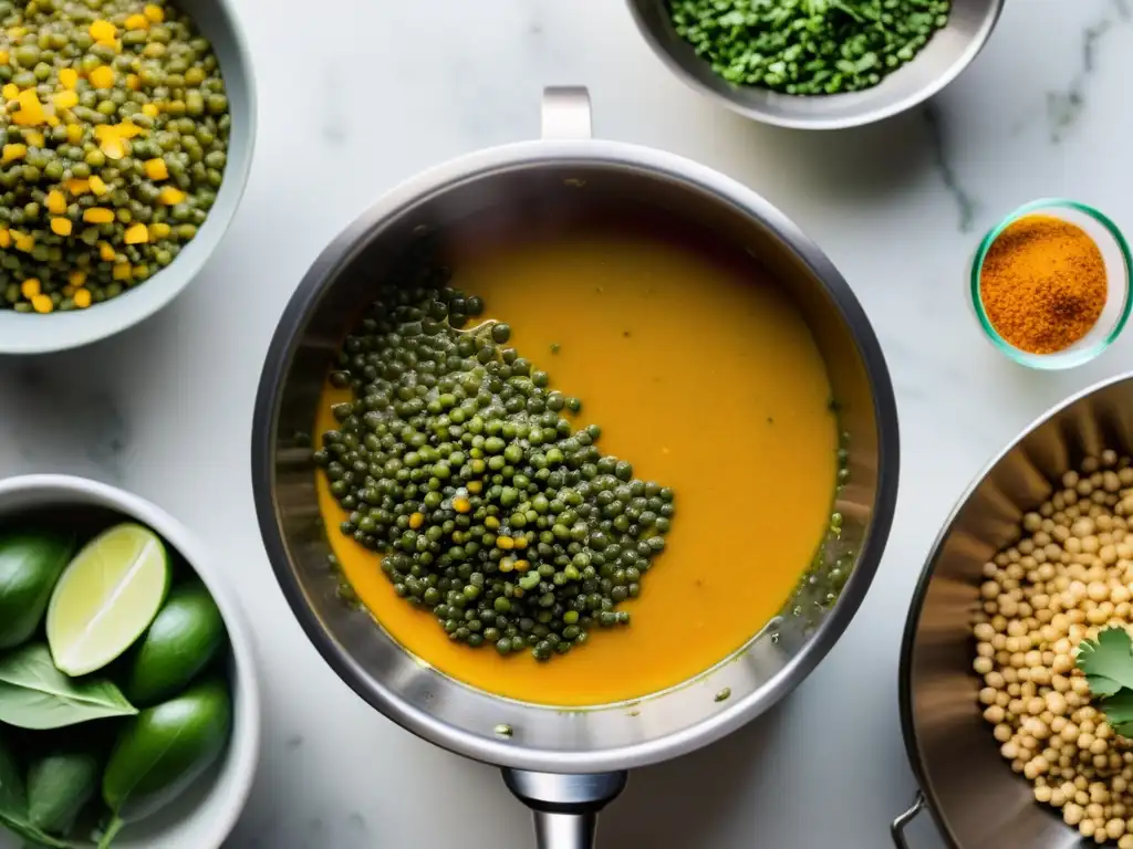 Una imagen detallada de un potente y aromático dal de lentejas orgánicas, junto a verduras frescas y especias, en una encimera minimalista