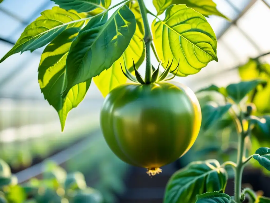 Imagen detallada de un saludable invernadero orgánico con tomates, irradiando belleza y precisión