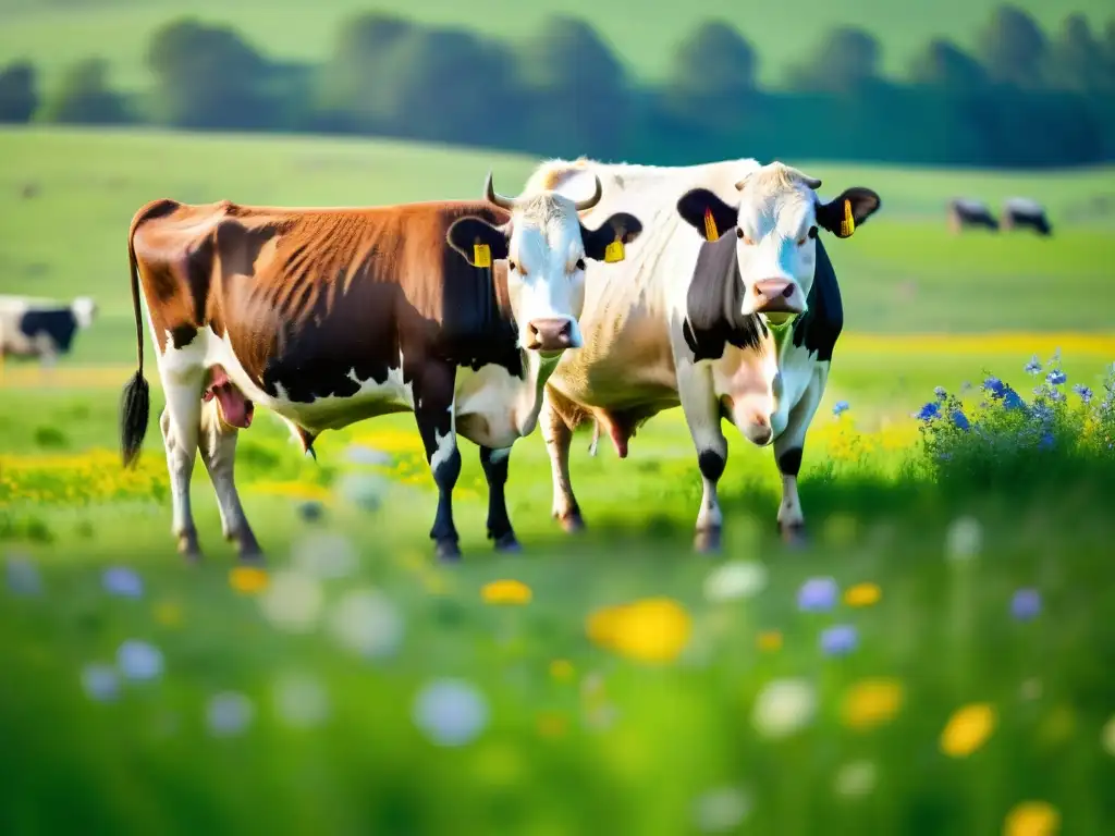 Imagen detallada de una serena pradera soleada con ganado orgánico pastando pacíficamente, transmitiendo bienestar animal en la ganadería orgánica