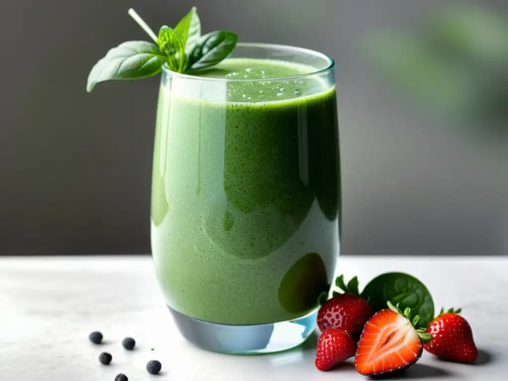 Una imagen detallada de un smoothie verde vibrante en vaso de cristal, con ingredientes orgánicos frescos y condensación en la superficie