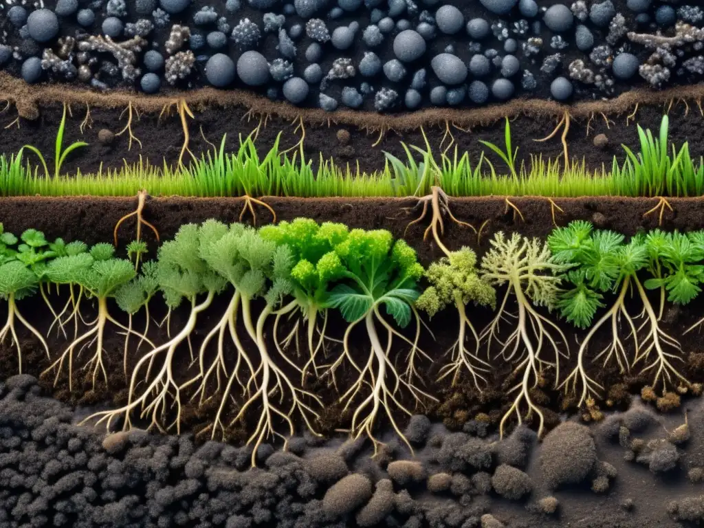 Imagen detallada de suelo orgánico vibrante con microbioma diverso, resaltando la importancia en biofertilizantes