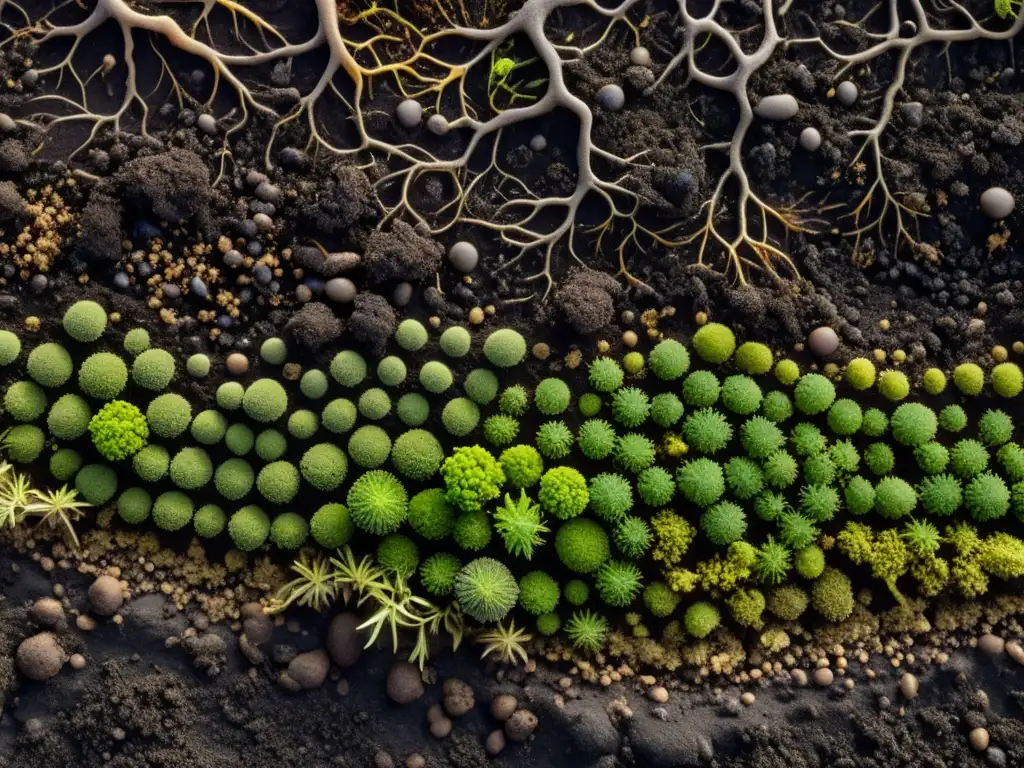 Imagen detallada de suelo orgánico rico y oscuro, con diversidad microbiana visible