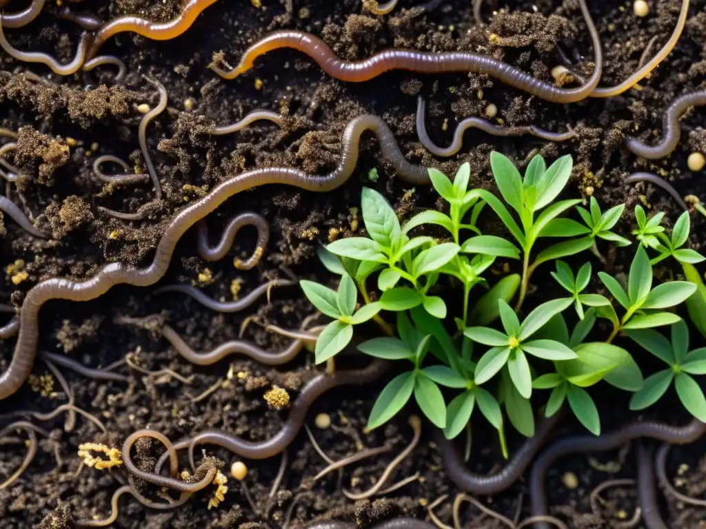 Una imagen detallada de suelos saludables en agricultura orgánica, rebosantes de vida y nutrientes, con raíces entrelazadas y microorganismos