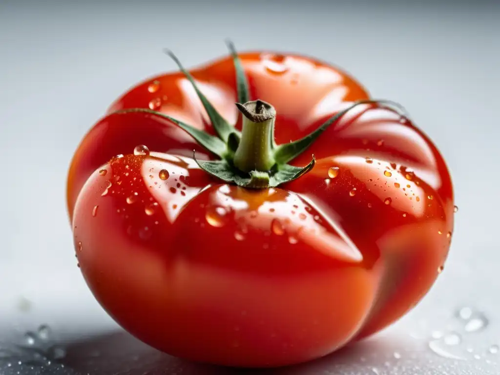 Una imagen detallada de un tomate maduro y orgánico, con gotas de agua fresca