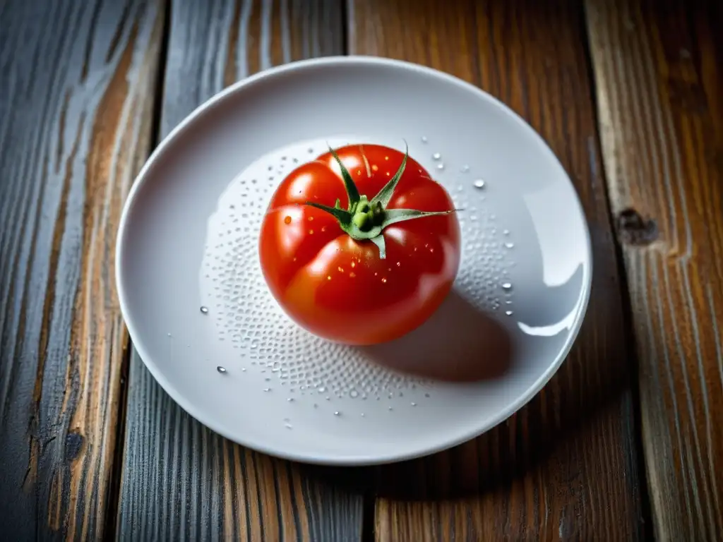 Una imagen detallada de un tomate orgánico maduro sobre un plato blanco