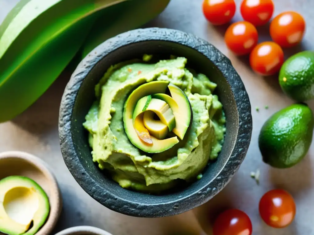 Una imagen detallada y vibrante de guacamole recién hecho en un molcajete, capturando la esencia orgánica de la cocina mexicana auténtica recetas