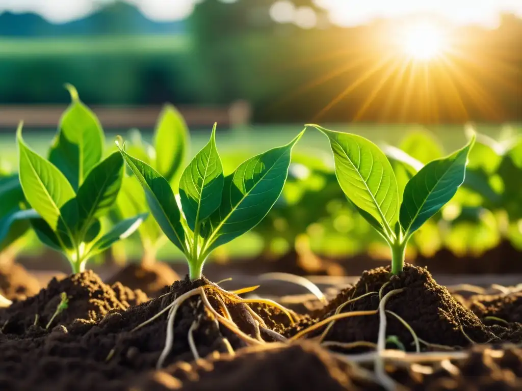 Red de raíces orgánicas: detalle solar Una imagen detallada de una vibrante y soleada granja orgánica, resaltando la producción de alimentos orgánicos sostenible en un entorno natural