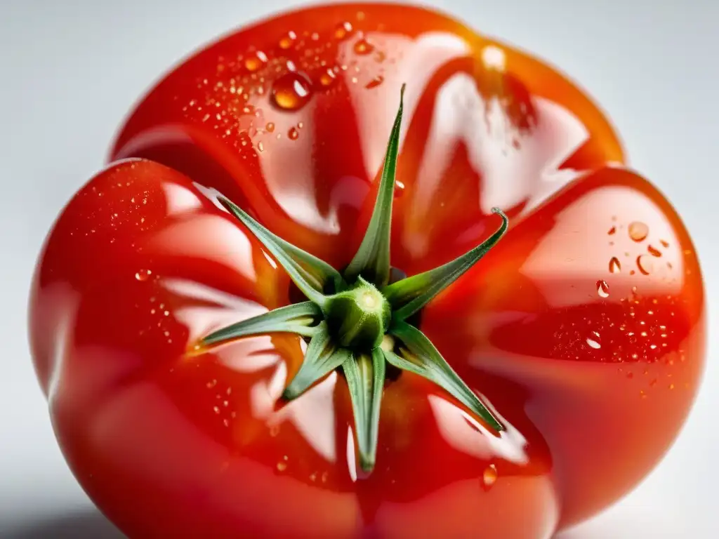 Una imagen detallada y vibrante de un tomate orgánico perfecto, irradiando frescura y pureza