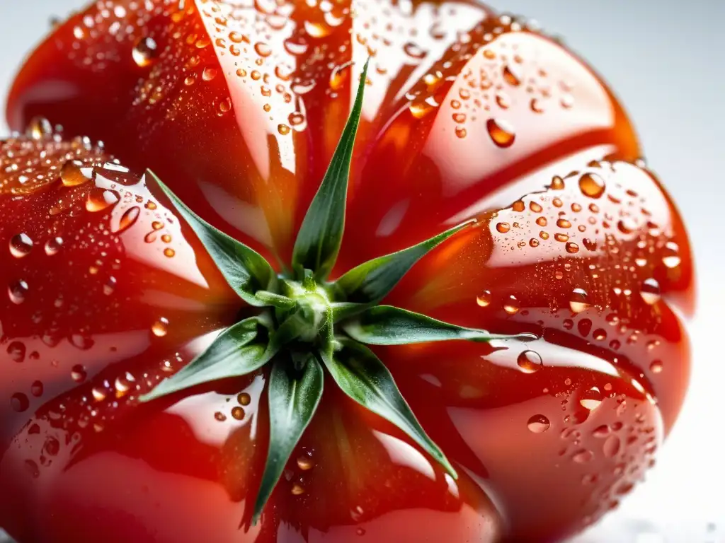 Una imagen detallada y vibrante de un tomate maduro orgánico, con gotas de rocío brillantes