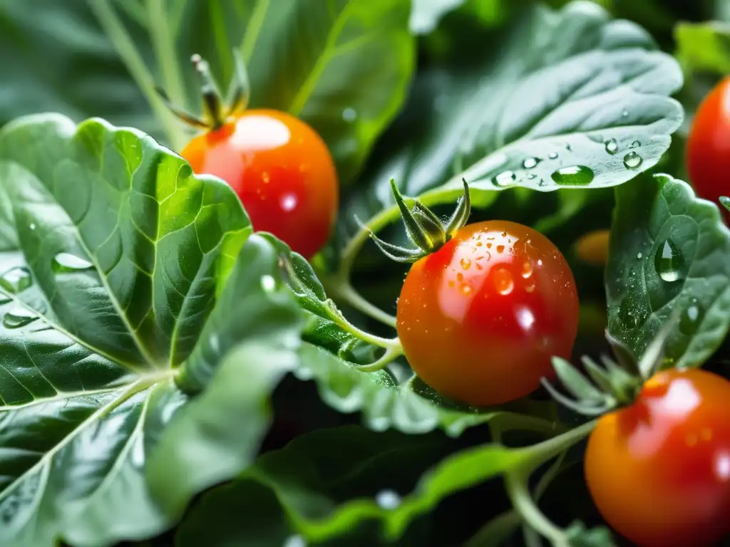 Una imagen de ensalada orgánica fresca, con hojas de lechuga verde oscuro y tomates cherry rojos, resaltando los beneficios de las ensaladas orgánicas frescas