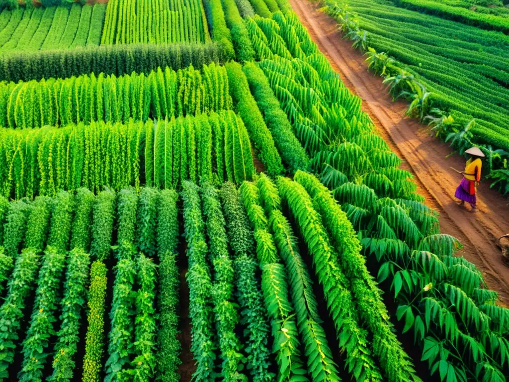 Imagen de una exuberante granja de especias en la India, con trabajadores atendiendo las plantas de cúrcuma, cardamomo y comino