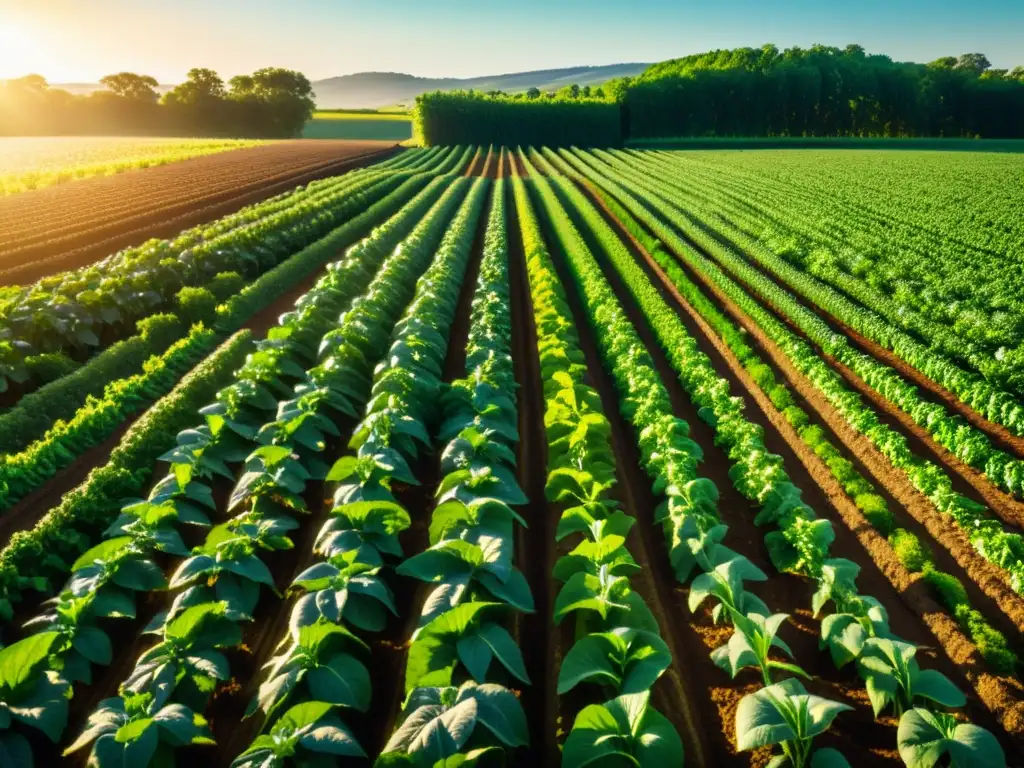 Imagen 8k de una exuberante granja orgánica, con cultivos verdes y microorganismos beneficiosos en agricultura orgánica