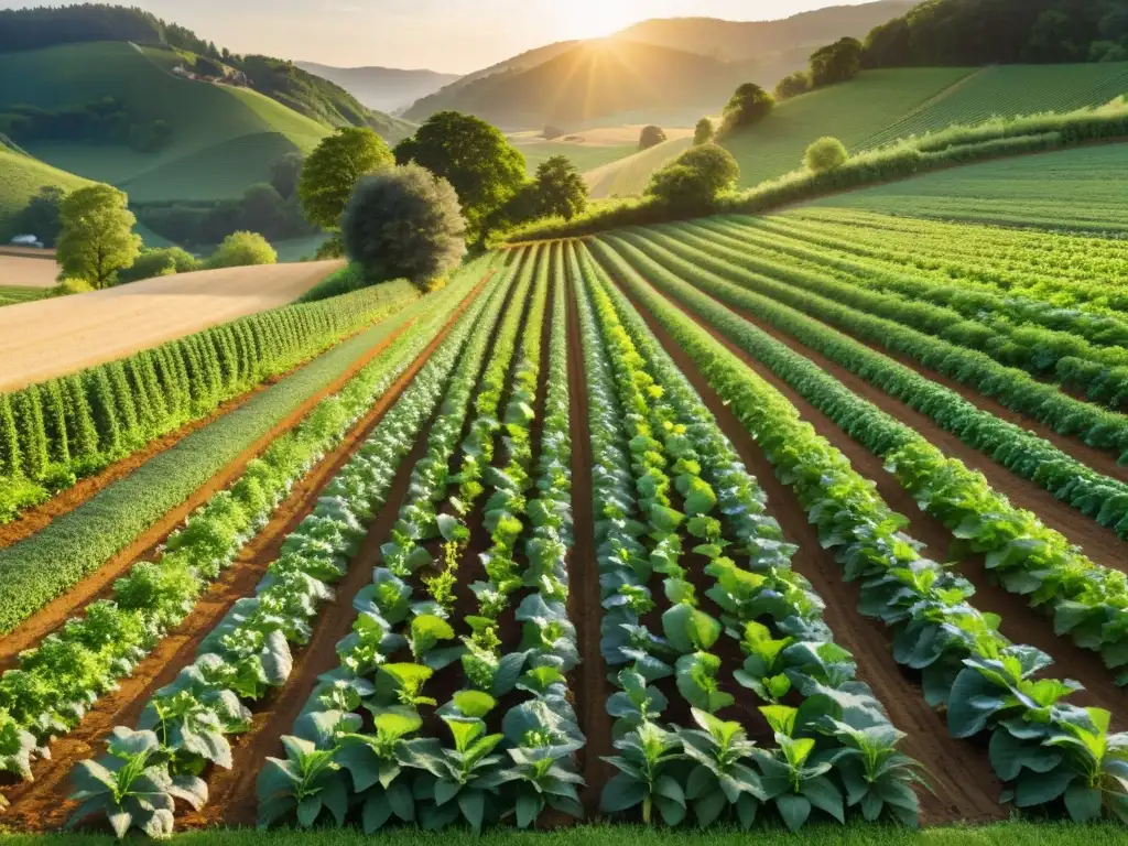 Imagen de una exuberante granja orgánica con técnicas de agricultura de conservación, campos de cultivo ordenados y saludables bajo el cálido sol