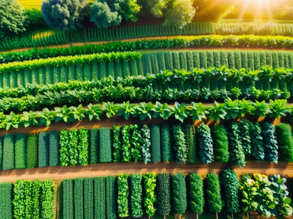 Imagen de una exuberante y verde granja orgánica con cultivos ordenados, resaltando la belleza natural de las prácticas agrícolas sostenibles