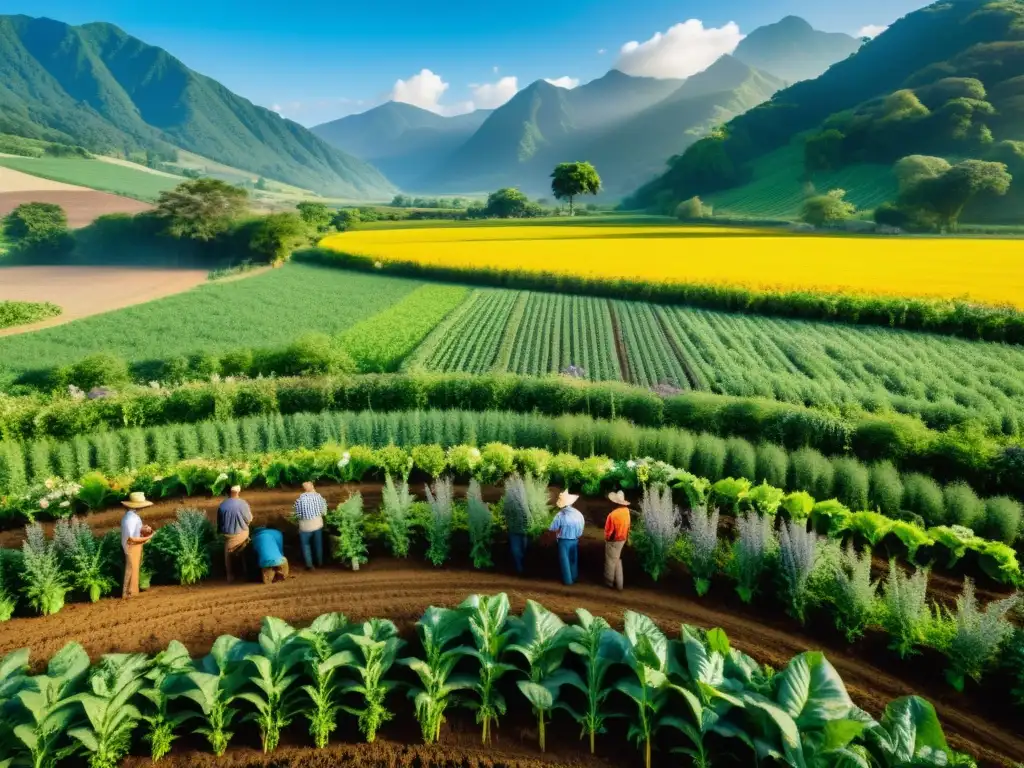 Una imagen de gran resolución muestra a un grupo diverso de agricultores trabajando juntos en una granja agroecológica exuberante y biodiversa