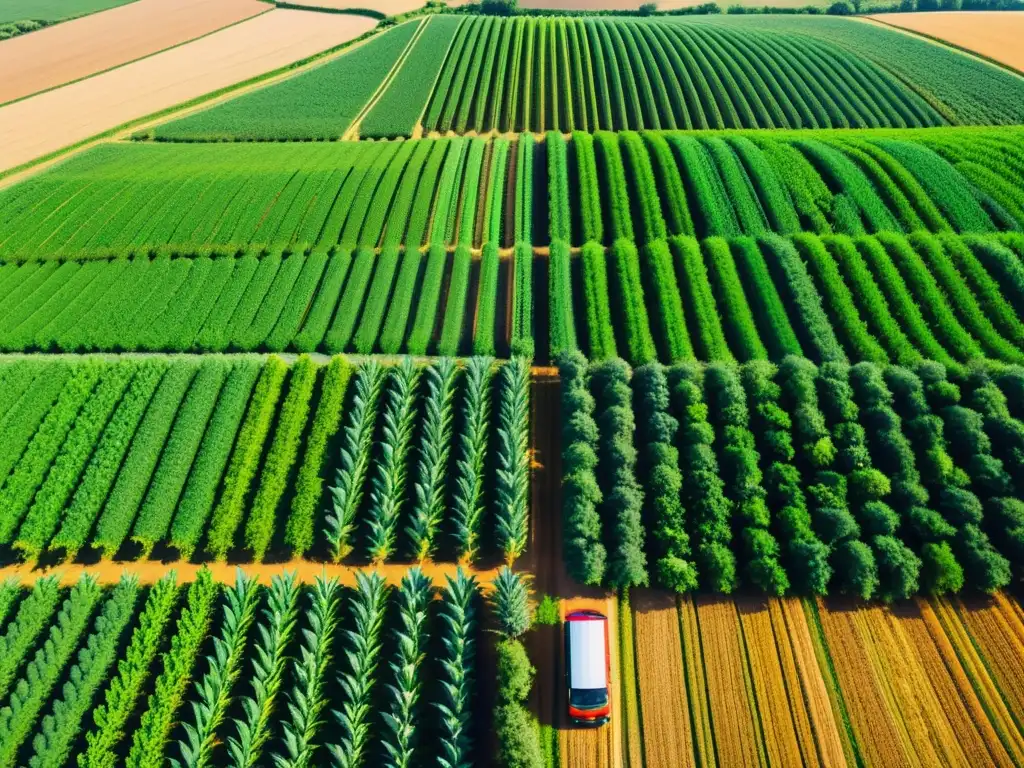 Imagen de una granja orgánica bañada por el sol, con cultivos verdes y una red de cadena de suministro sostenible de alimentos orgánicos en acción