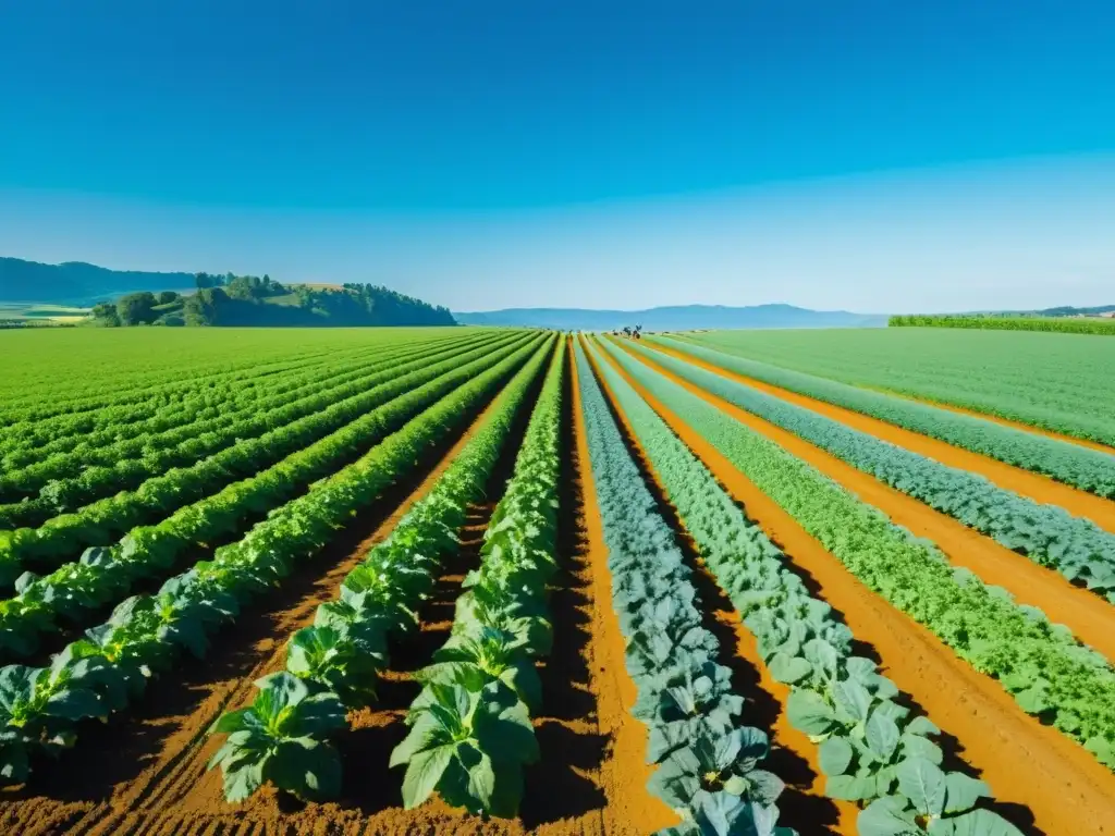 Imagen de una granja orgánica bañada por el sol, con cultivos verdes y formación en agricultura orgánica competitiva