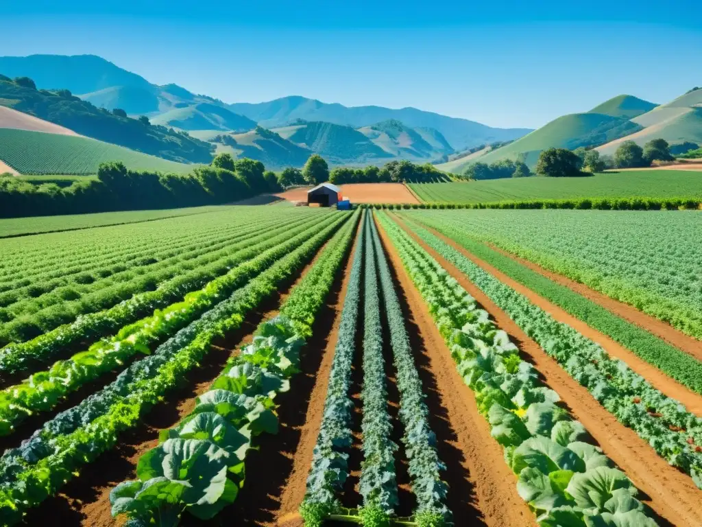 Imagen de una granja orgánica bañada por el sol, con cultivos vibrantes y una cadena de suministro alimentos orgánicos cuidadosamente atendida