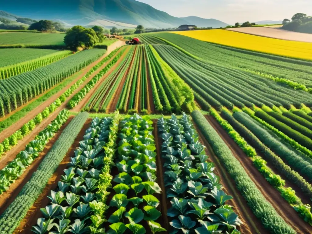 Una imagen de granja orgánica bañada por el sol, con cultivos exuberantes y diversos agricultores trabajando en armonía