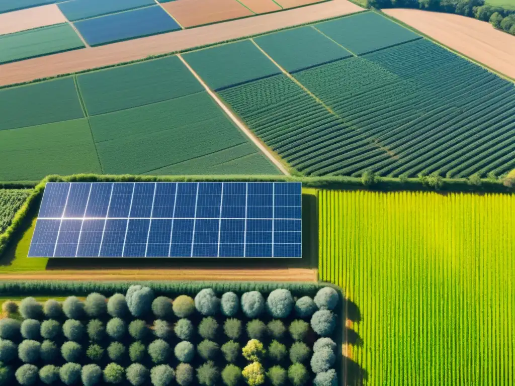 Imagen de una granja orgánica bañada de sol con paneles solares integrados, reflejando sostenibilidad y armonía